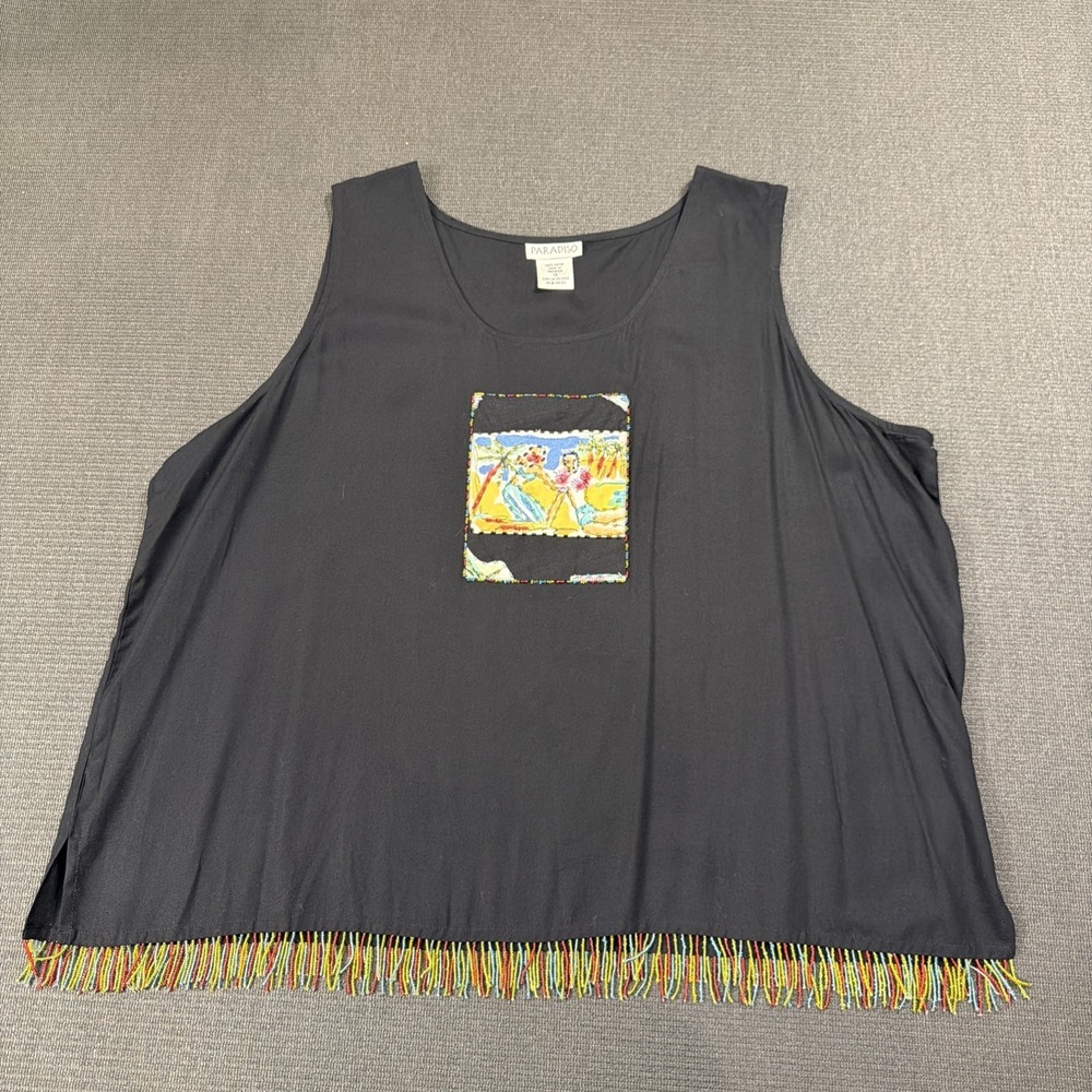 Paradiso Tank Top Size 1X Tropical Beach Print Front Cropped BEADED‎ HEM